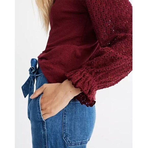 Madewell Top Womens Small Eyelet Sleeve Scoop Neck Dark Red Cotton Stretch Boho - Picture 3 of 9